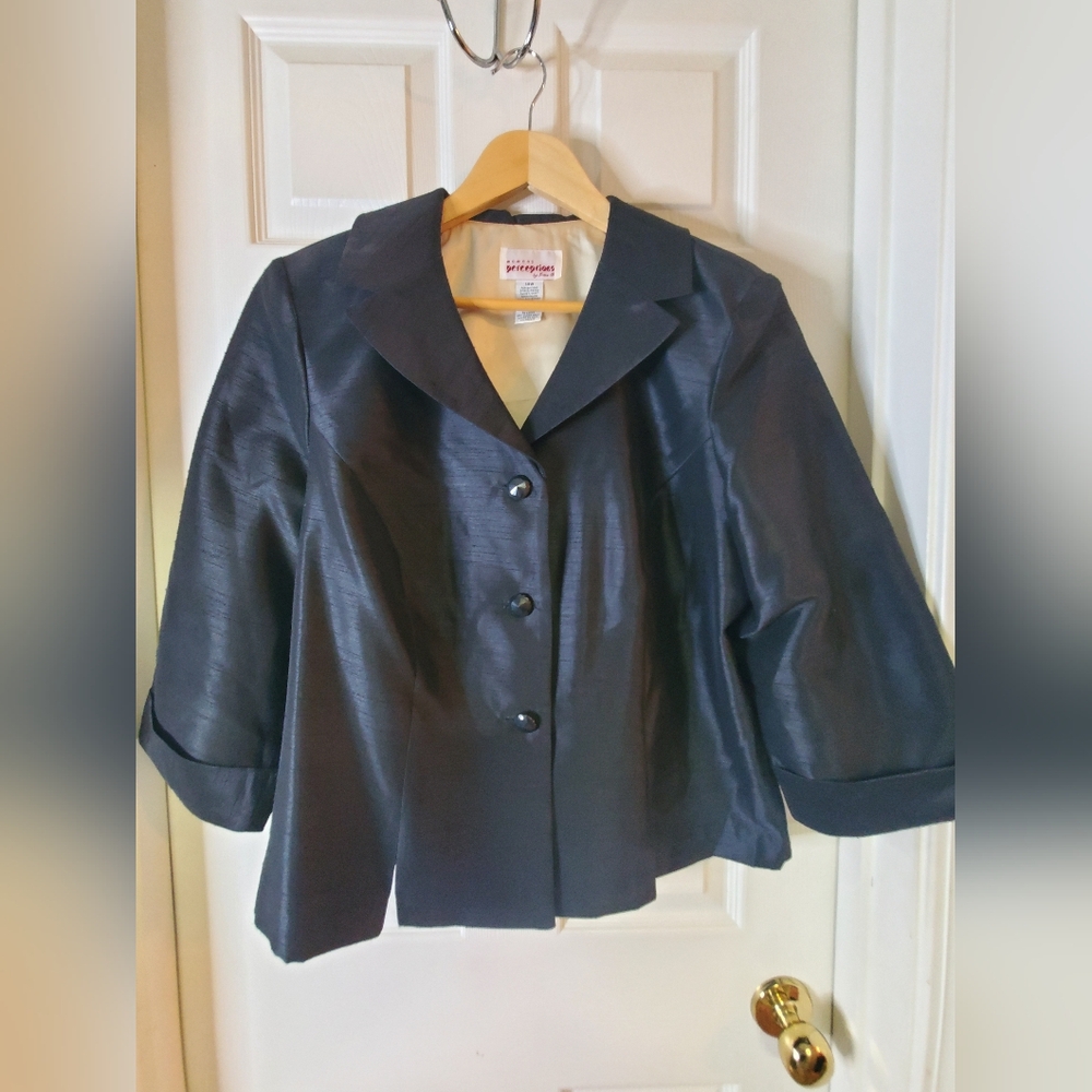 Vintage Perceptions By Irene B Womens 14W Black 3/4 Slv Shantung Button Blouse